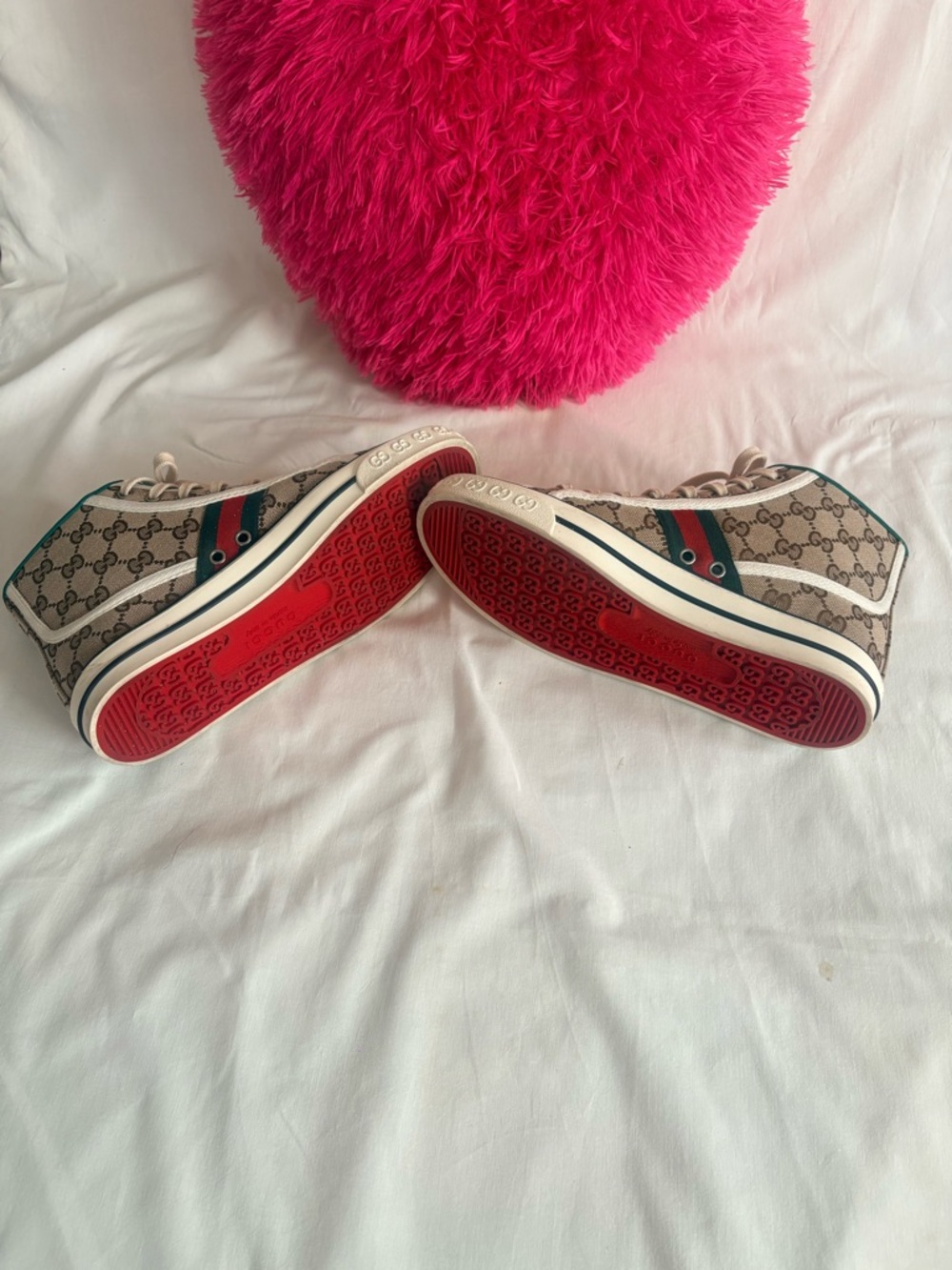 Gucci Women Beige GG Canvas High-Top Sneakers with Green and Red Trim - Picture 3 of 10